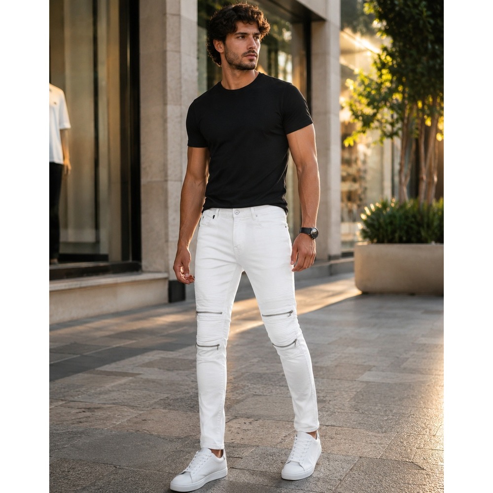 GUESS Mens White Moto Skinny Jeans Size 31 Low Rise Zip Biker Stretch Pants